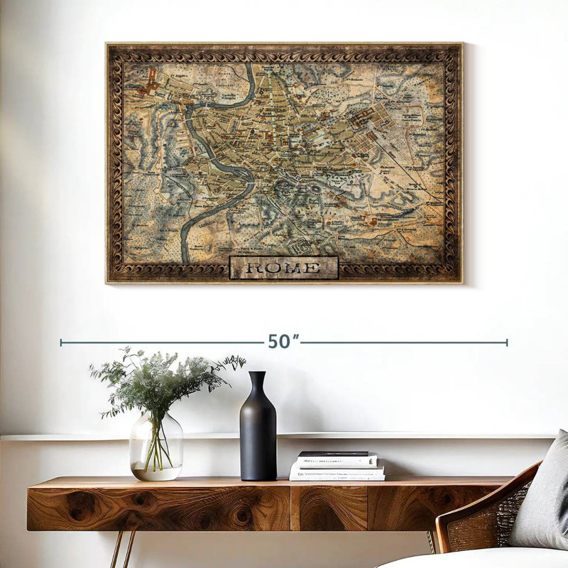 Carte rétro de la ville de Rome, Cadre flottant en bois naturel, 40 po x 27 po