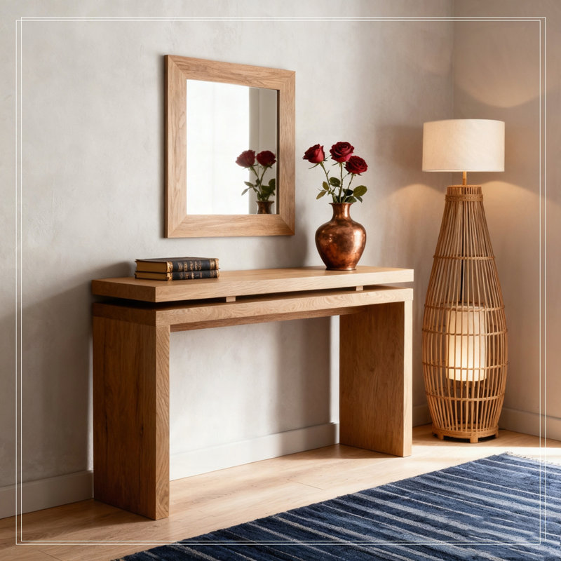 Table de console 60 po avec suspension à deux planches, bois massif et panneau de fibres à densité moyenne, Brun antique