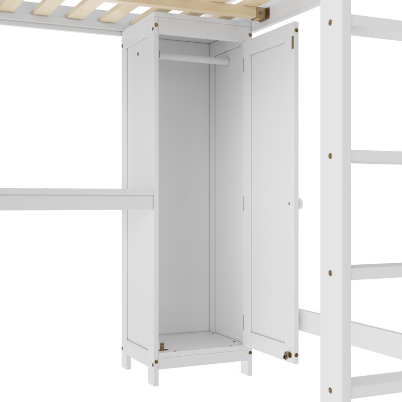 Grand lit mezzanine en bois spacieux avec armoire de rangement et bureau, conception moderne pour la maison