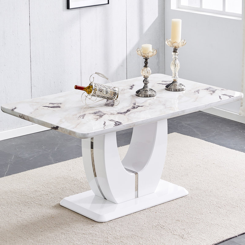 Avdain 63" Modern American Rectangular Faux Marble Top Dining Table with U-shaped Pedestal Base, White