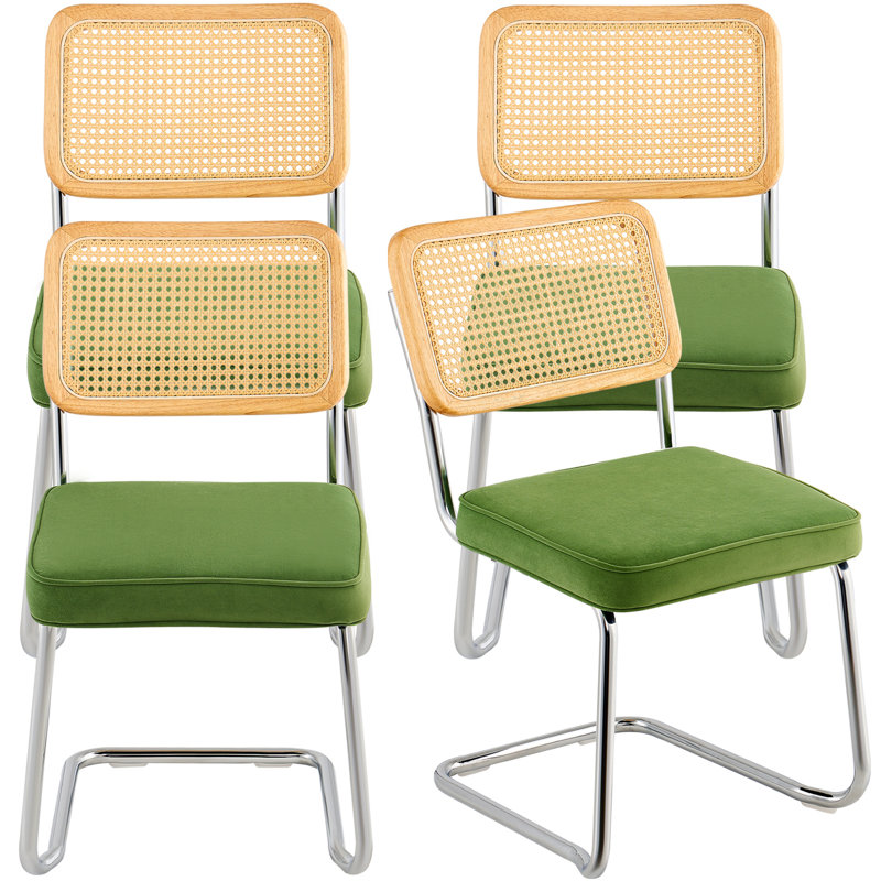 Green Velvet Upholstered Dining Chairs with Rattan Back, Set of 4