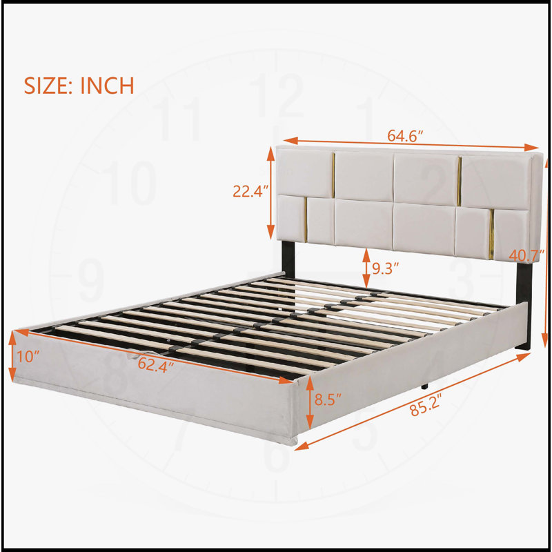 Ensemble de chambre à coucher 2 pièces avec lit plateforme tapissier, rangement hydraulique et repose-pieds, Beige