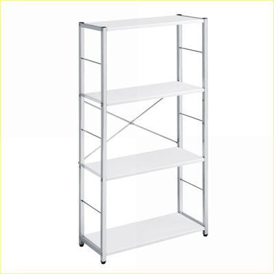 Bookshelf, Sleek Contemporary 4-Tier White &amp; Chrome Silver, 42.5"H x 24.5"W x 11.5"D | White+Silver | Wood+Metal