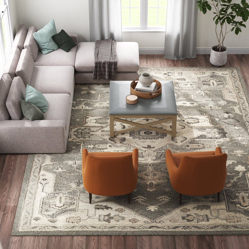Burkholder Oriental Hand-Tufted Wool Charcoal/Taupe Area Rug, Rectangle 12' x 15'