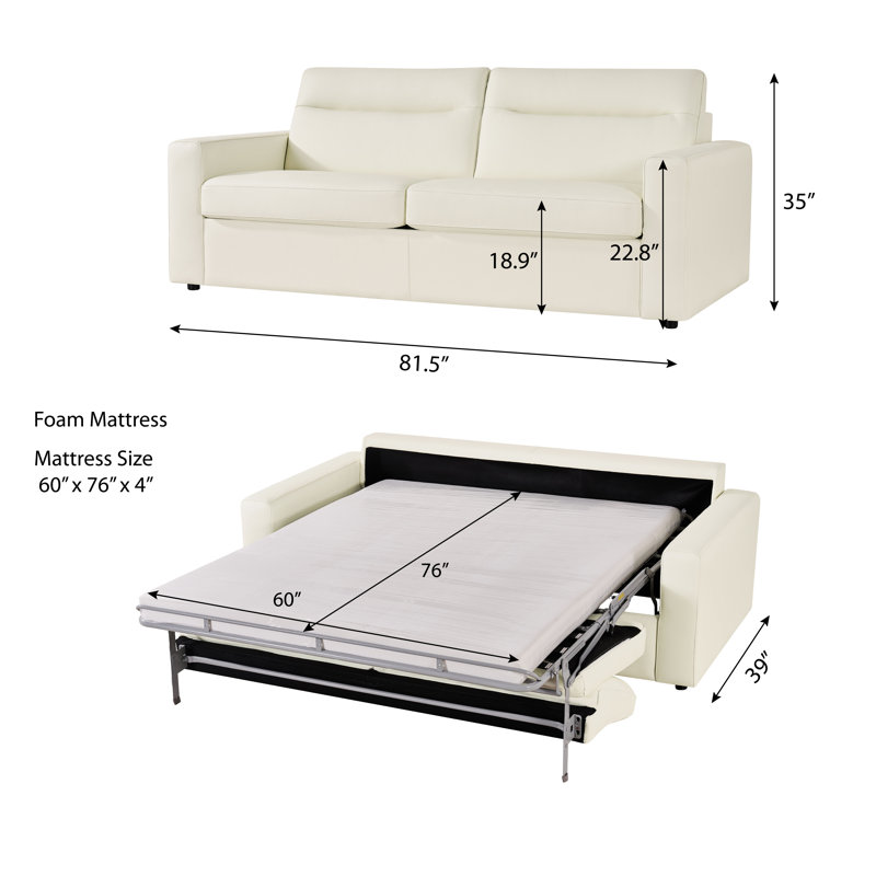 Nestella 81" Leather Queen Sleeper Sofa Bed With Foam Mattress, Leather Sleeper Sofa Bed With Foam Mattress For Living Room
