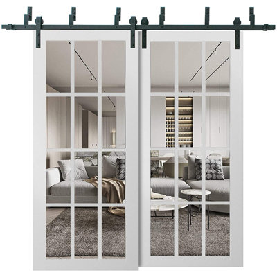 Portes de grange coulissantes en verre transparent pour garde-robe 12 lumières | Felicia 3355 | Ensemble de quincaillerie pour rails robustes | Portes de garde-robe de chambre en bois massif
