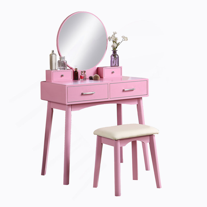 Contemporary Wood Vanity And Stool Set, Pink