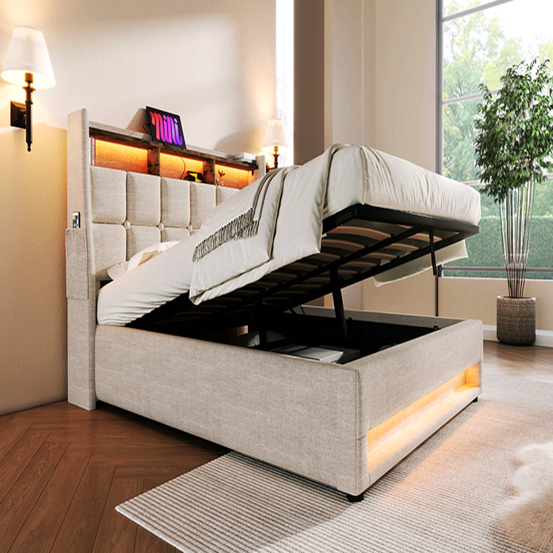 Grand lit plateforme tapissier avec système de rangement hydraulique, charge DEL et USB, naturel (sans matelas), Naturel
