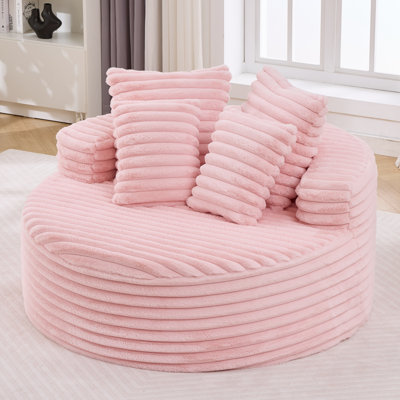 Chaise longue ronde surdimensionnée en velours côtelé - 138 x 138 x 84 cm - Velours côtelé - 1 pièce - Chaise longue - Rose - Assise profonde avec 4 coussins décoratifs, aucun assemblage requis