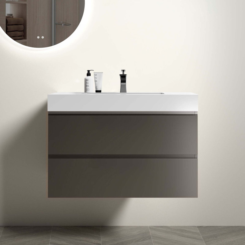 Meuble-lavabo flottant mural 36 po avec lavabo, Blanc, Gris