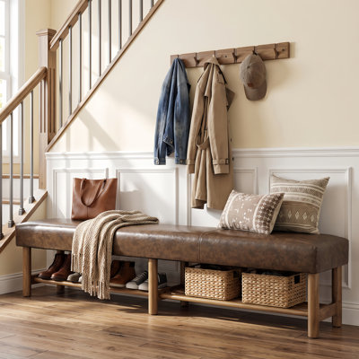 Banc d'entrée en pin massif de 180 cm avec coussin en similicuir, banc à chaussures rustique avec étagère de rangement à lattes, siège classique de style ferme pour couloir et vestibule