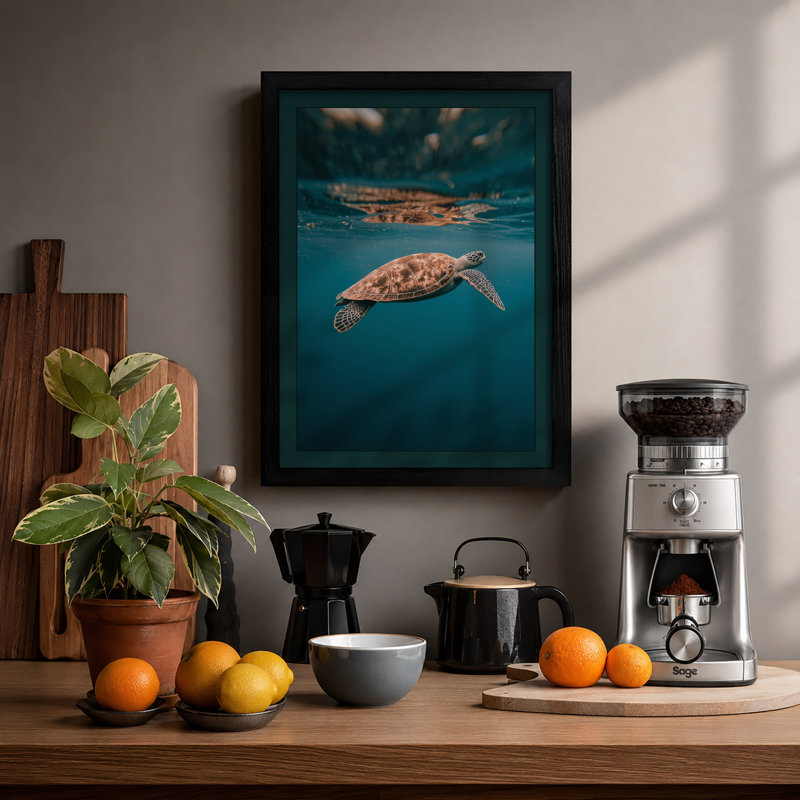 Turtle in Open Water Coastal - Framed Print, A1 - 84.1 x 59.4 cm, Black