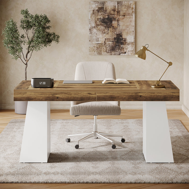 55" Home Office Desk with Double Pedestal, Simple Executive Desk, Brown/White