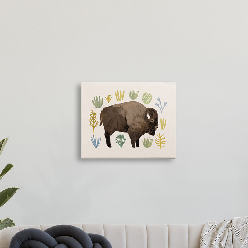 Buffle à cornes brun vert terre cuite, H 16 po x l 20 po, Giclée encadrée noir minuit