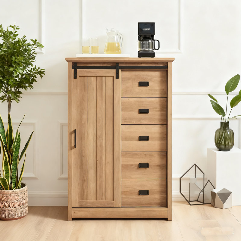 5-Drawer Dresser W/Sliding Barn Door - Farmhouse Style - Living Room/Kids Room，Oak, Brown