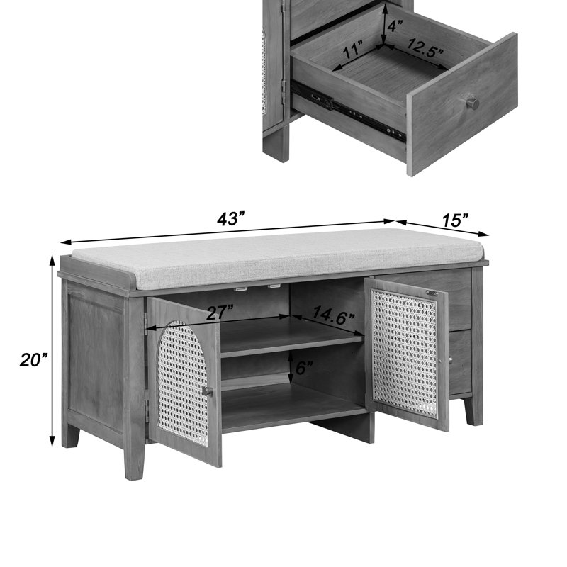 43" Wide Shoe Storage Bench With Cushion Entryway Bench Storage Bench With Storage And 2 Drawers, Natural