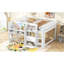 Lit mezzanine double pleine grandeur avec bureau intégré, armoires de rangement et bibliothèque ouverte, tableau blanc pour graffiti, blanc-129436279