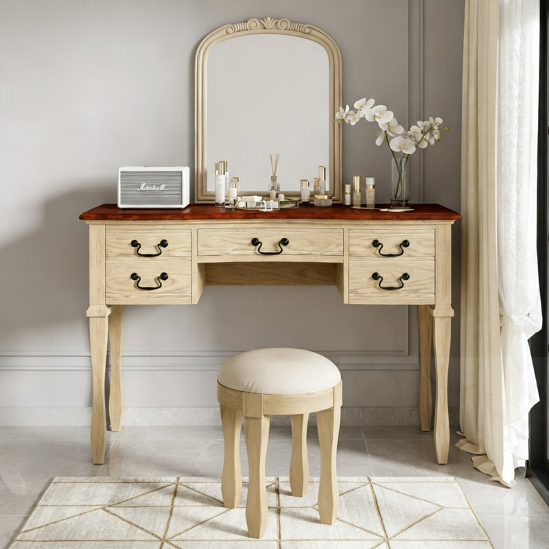 Coiffeuse à 5 tiroirs avec miroir et tabouret