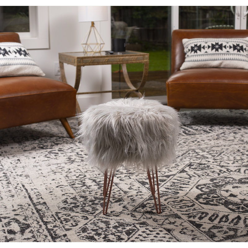 Upholstered Ottoman, Silver Faux Fur