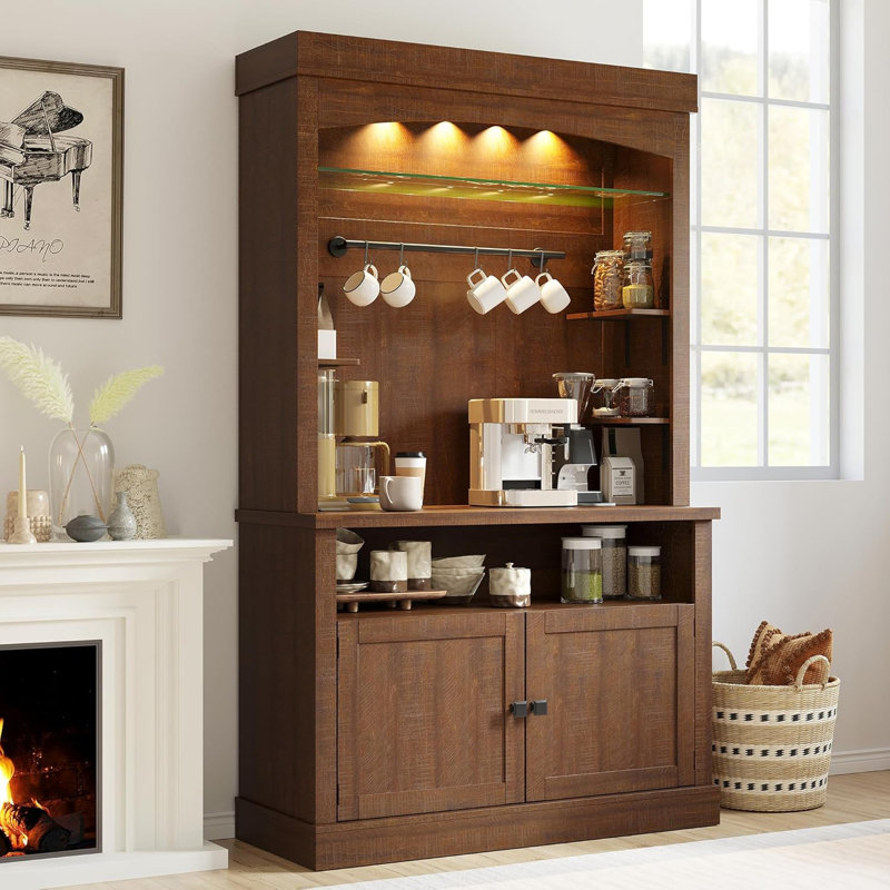 Armoire-bar 72 po avec lumières DEL, buffet de rangement pour garde-manger avec support à micro-ondes, tablettes réglables et portes en verre