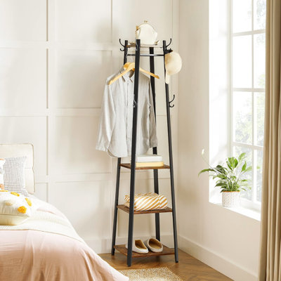 Portemanteau, portemanteau avec 3 tablettes, portemanteau autoportant avec crochets pour foulards, sacs, parapluies, structure en acier, style industriel, pour vestibule, salon