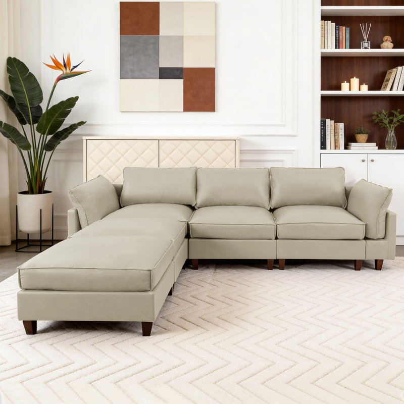 Canapé modulaire rembourré 3 pièces avec 2 repose-pieds, Similicuir beige, H 38,1 po x l 126,3 po x P 37,4 po