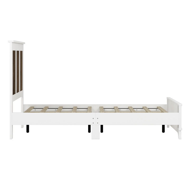Grand lit plateforme moderne avec décoration en bandes de bois, finition blanche pour grand lit, décor, support de lattes en contreplaqué, charge maximale de 700 lb, sans sommier