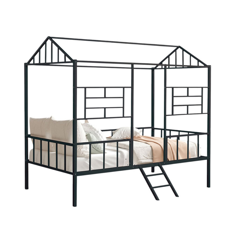Metal Twin-Size Low Loft Bed With House Design, Black