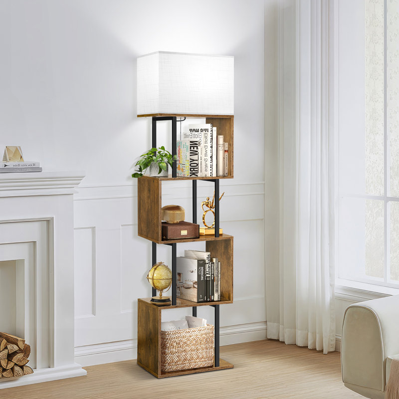 Codrina 59" Bookcases with LED Light and Remote Control, 3 Colour Temperature Column Floor Lamp, Rustic Brown/Black