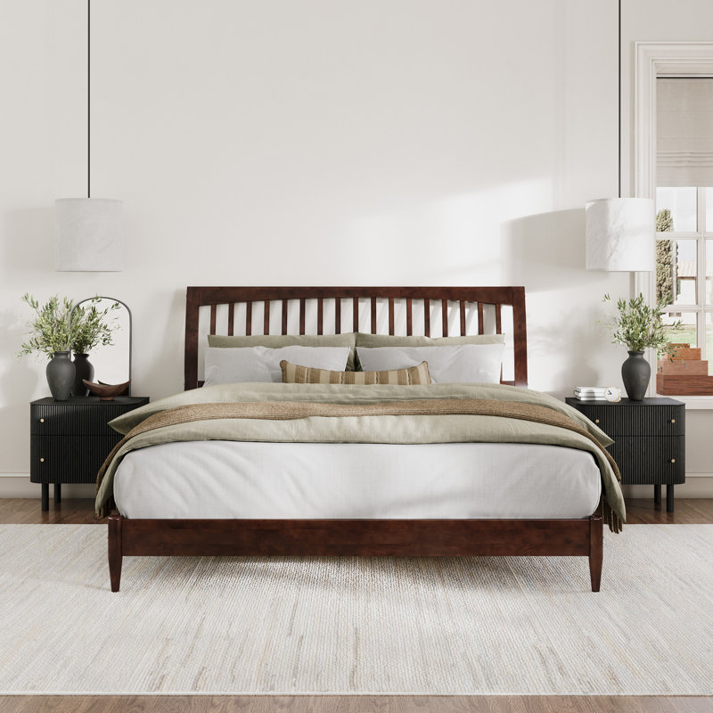 Ambie Low Profile Solid Wood Slatted Spindle Sleigh Bed, King, Walnut