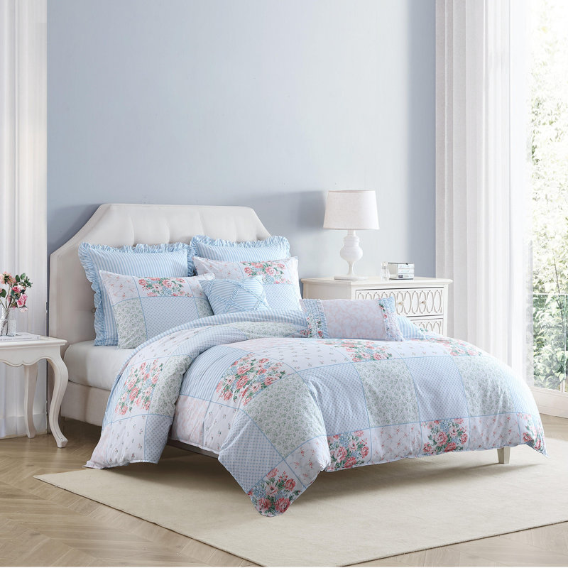 Ensemble d'édredon réversible en coton bleu Laura Laura, Édredon simple + 4 pièces supplémentaires