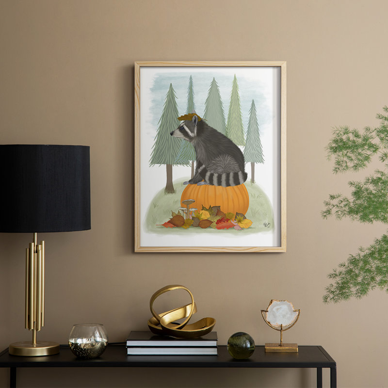 «Raccoon On Pumpkin», reproduction encadrée - bois massif, H 30 po x l 24 po
