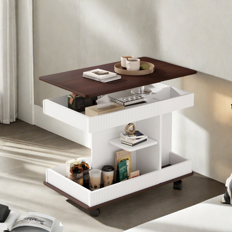 Adjustable End Table With Wheels, 360°rotating Top, Storage Space, Wood Grain Texture And Vertical Striped Design, White
