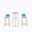 Ensemble de table et chaises de bar, ensemble de trois pièces, structure dorée, coussins et dossiers de siège en éponge, table de bar avec fonction de rangement (plateau de table doré + brun + coussin bleu)