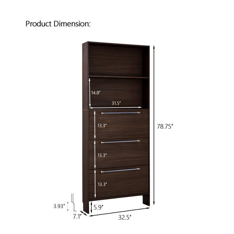 Armoire à chaussures autoportante avec 3 tiroirs rabattables. Rangement de couloir. Couleur unie, finition noyer, poignées en métal. Poignées, rangement spacieux