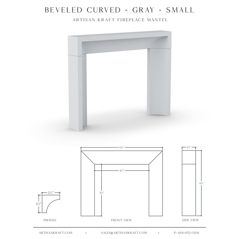 Beveled Curved Cast Stone Fireplace Surround with Beveled Hearth, 10" x 60" x 48", Gray