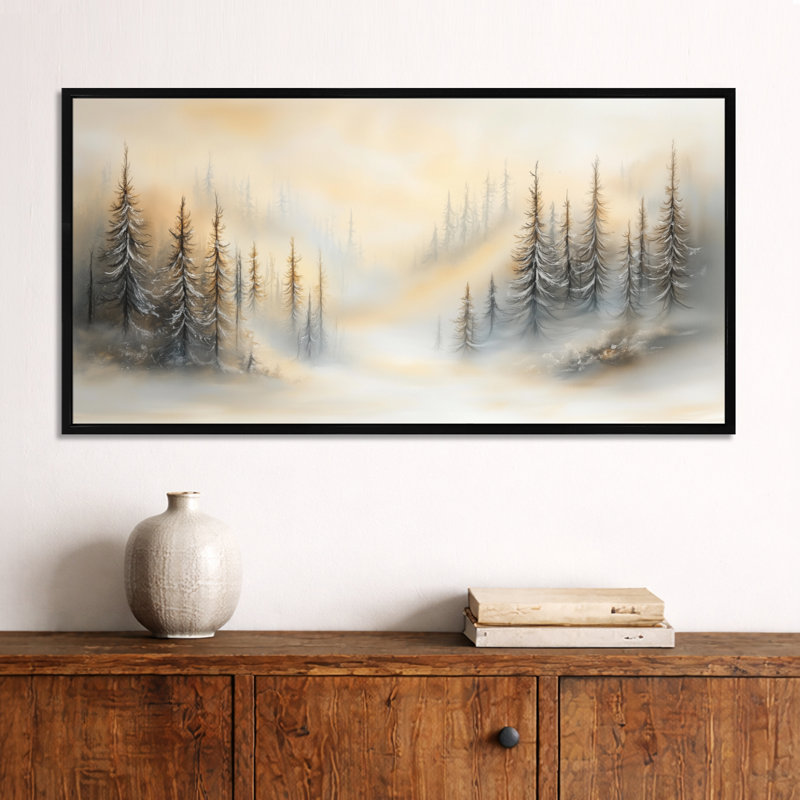 «Yellow Grey Ghost Mist Ridge Pines II - Moody», reproduction d'art sur toile brumeuse, H 20 po x l 40 po