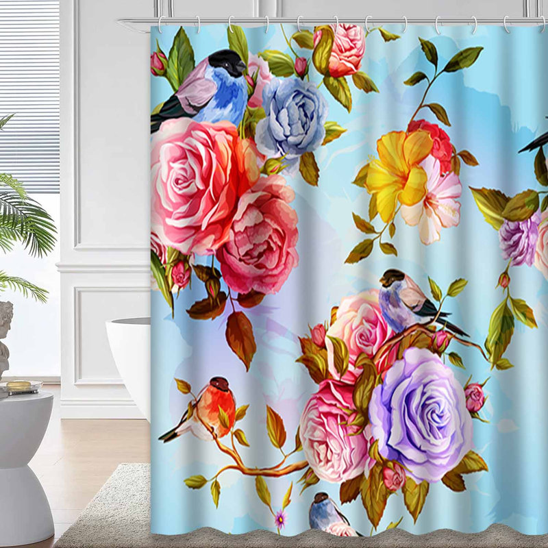Rideau de douche avec 12 crochets Blue Flower Roses, L 72 po x l 84 po