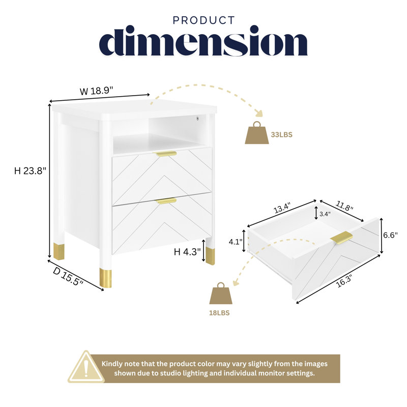 Luna 2 Drawer Set Of 2 Nightstand, Bedside Table With Storage Drawers, Night Stand For Bedroom, End Table Or Side Table For Living Room, 15.5" D X 18.9" W X 23.8" H, White/Gold
