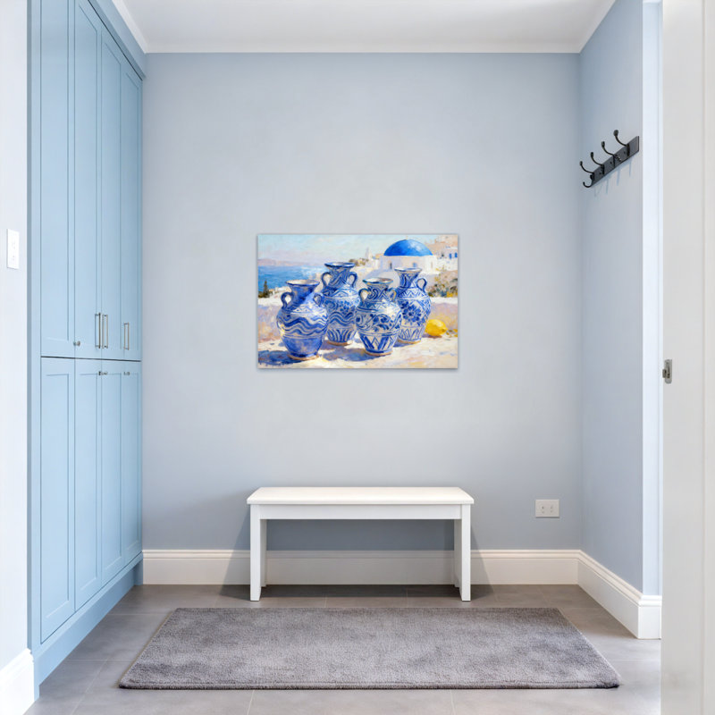 Vases en céramique bleu et blanc tendance avec vue sur la mer, H 32 po x l 48 po