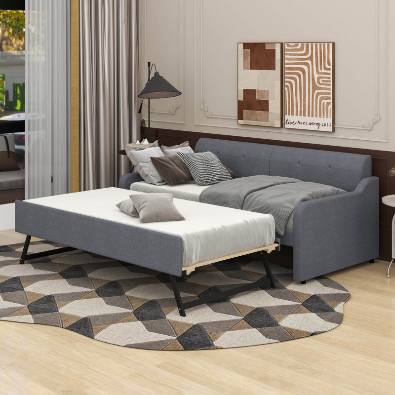 Upholstery Daybed With Trundle And USB Charging Design, Gray, Twin