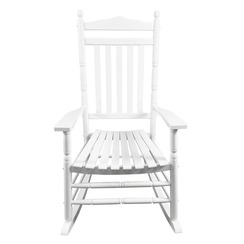White Rocking Chair For Balcony Porch Adults Solid Wood Build, Relaxing Seat And Armrest, Robust Back Rest, Easy Assembly, 280Lbs Weight Limit Wood, Spacious Slatted Back, Max
