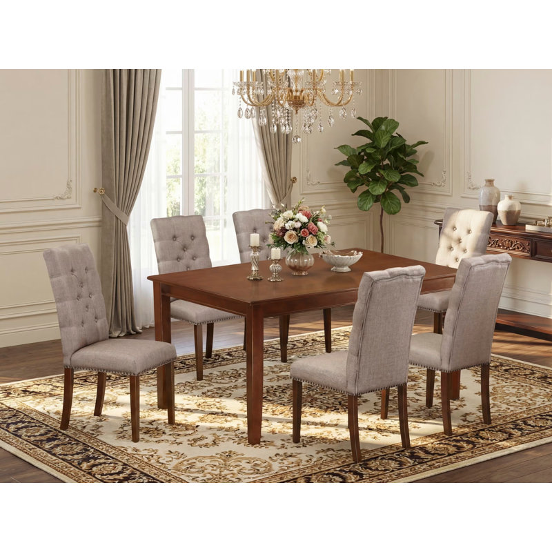 Ensemble de table de salle à manger 7 pièces composé d'une table de cuisine rectangulaire et de 6 chaises de salle à manger Parson en tissu kaki foncé, acajou