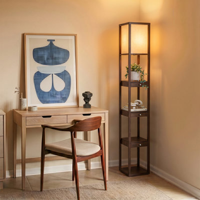 Maxwell 72" Traditional LED Shelf Floor Lamp with Brown Finish, 4 Built-In Shelves, 3 Storage Drawers, Bulb Included