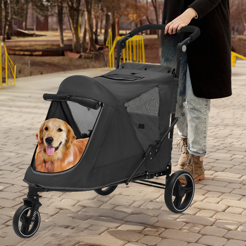 Black Steel Frame 3-Wheel Dog Stroller with Adjustable Handle