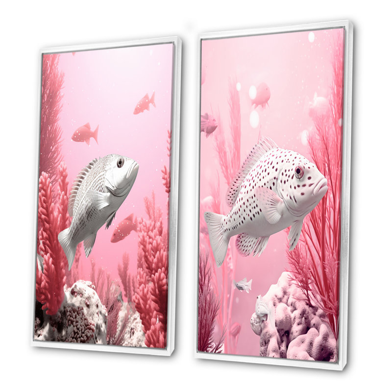 Ensemble de 2 impressions sur toile monochromes roses et blanches - corail sous l'eau, Cadre flottant blanc