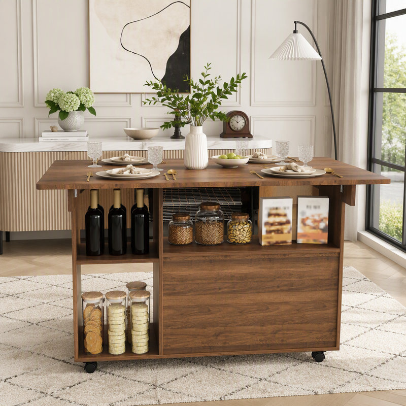 Table pliante de 47 pouces avec tablettes et roulettes de rangement - Conception multifonctionnelle compacte, Walnut