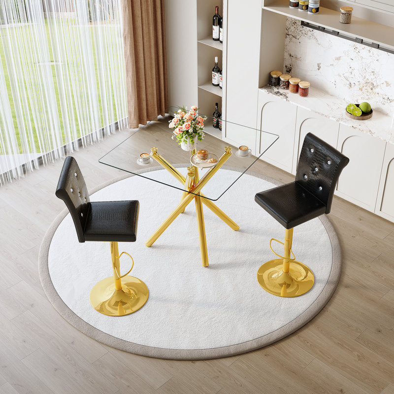 Table de bar moderne en verre et 2 tabourets de bar pivotants pour îlot de cuisine, bar personnel et petit espace, Noir, Or