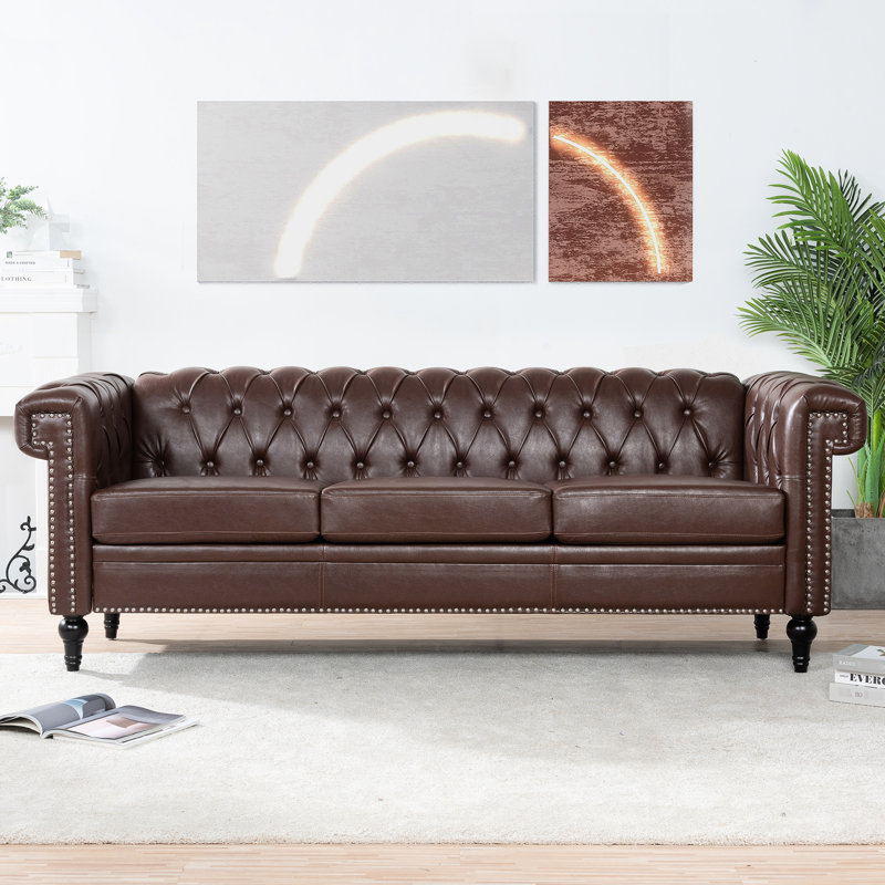 3 avec 81,92 po de largeur, accoudoirs carrés, cuir d'unité centrale brun foncé, coussins amovibles, accoudoirs matériaux, unité centrale, spacieux et confortable