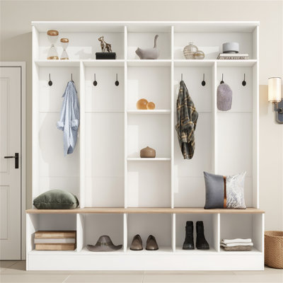 Elegant Hall Tree With Storage Bench – Minimalist Shoe Cabinet With Cube Storage & Shelves – Multifunctional Coat Rack With 8 Hooks For Entryways And by Ebern Designs